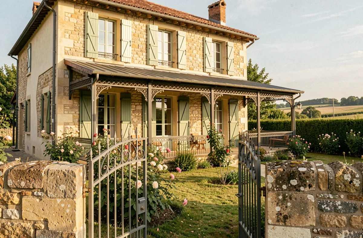 Maison artisanale en pierre avec volets verts et véranda en fer forgé, illustrant Abadie Construction à l'est de Toulouse