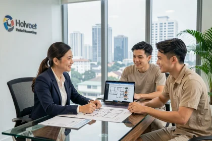 Agent immobilier thaïlandaise présentant des appartements à louer à Bangkok à un couple d'expatriés dans une agence moderne