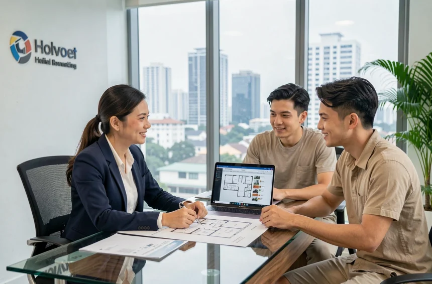 Agent immobilier thaïlandaise présentant des appartements à louer à Bangkok à un couple d'expatriés dans une agence moderne