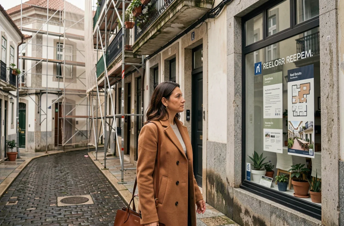 Femme observant des annonces immobilières dans une vitrine d'agence dans un quartier en rénovation de Porto