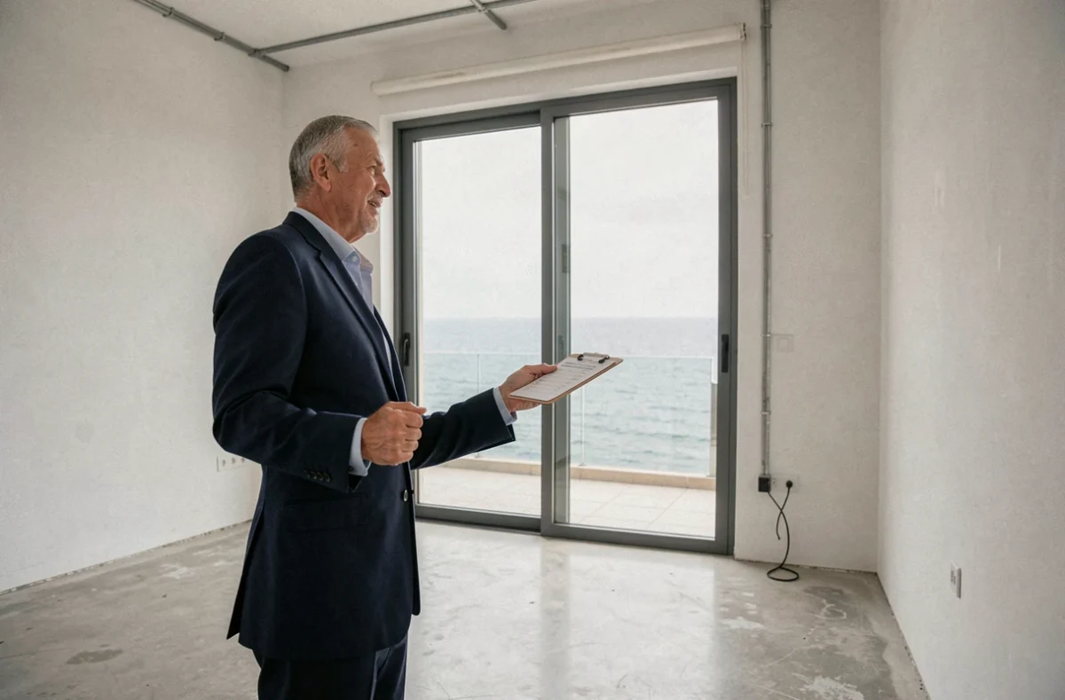 Agent immobilier présentant un appartement vide avec vue mer lors d'une visite avant signature