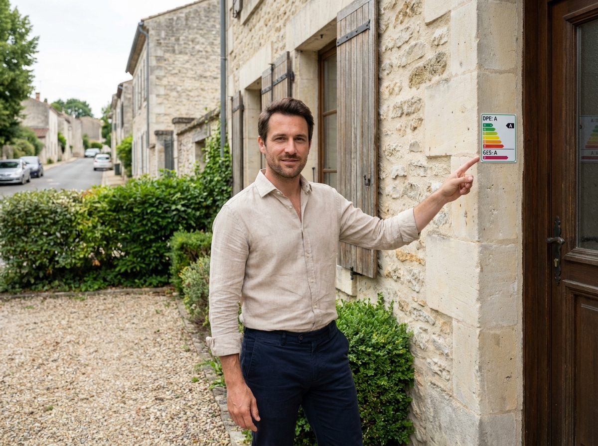 Agent immobilier présentant l'étiquette de classe énergétique d'une maison en pierre à vendre