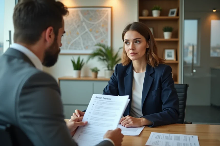 Agent immobilier et locataire examinant un contrat de location dans une agence immobilière à Colmar