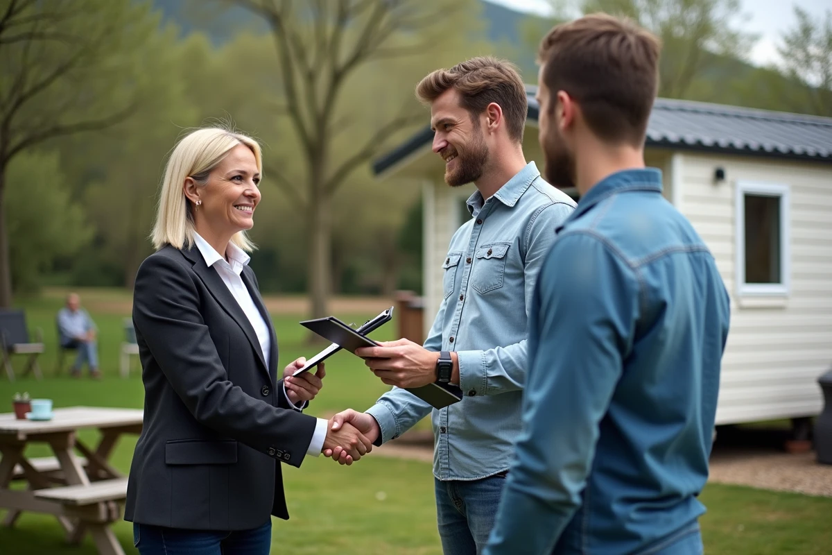 Agent immobilier serrant la main d un couple devant un mobilhome