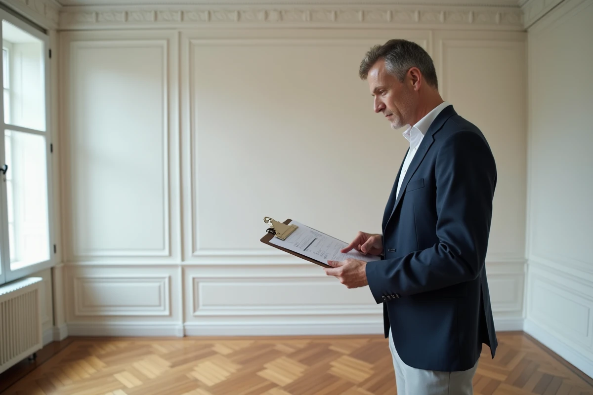 Agent immobilier évaluant le loyer d'un appartement haussmannien vide avec des fiches de calcul d'encadrement