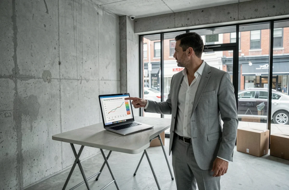 Agent immobilier présentant l'indice ICC INSEE dans un local commercial vide