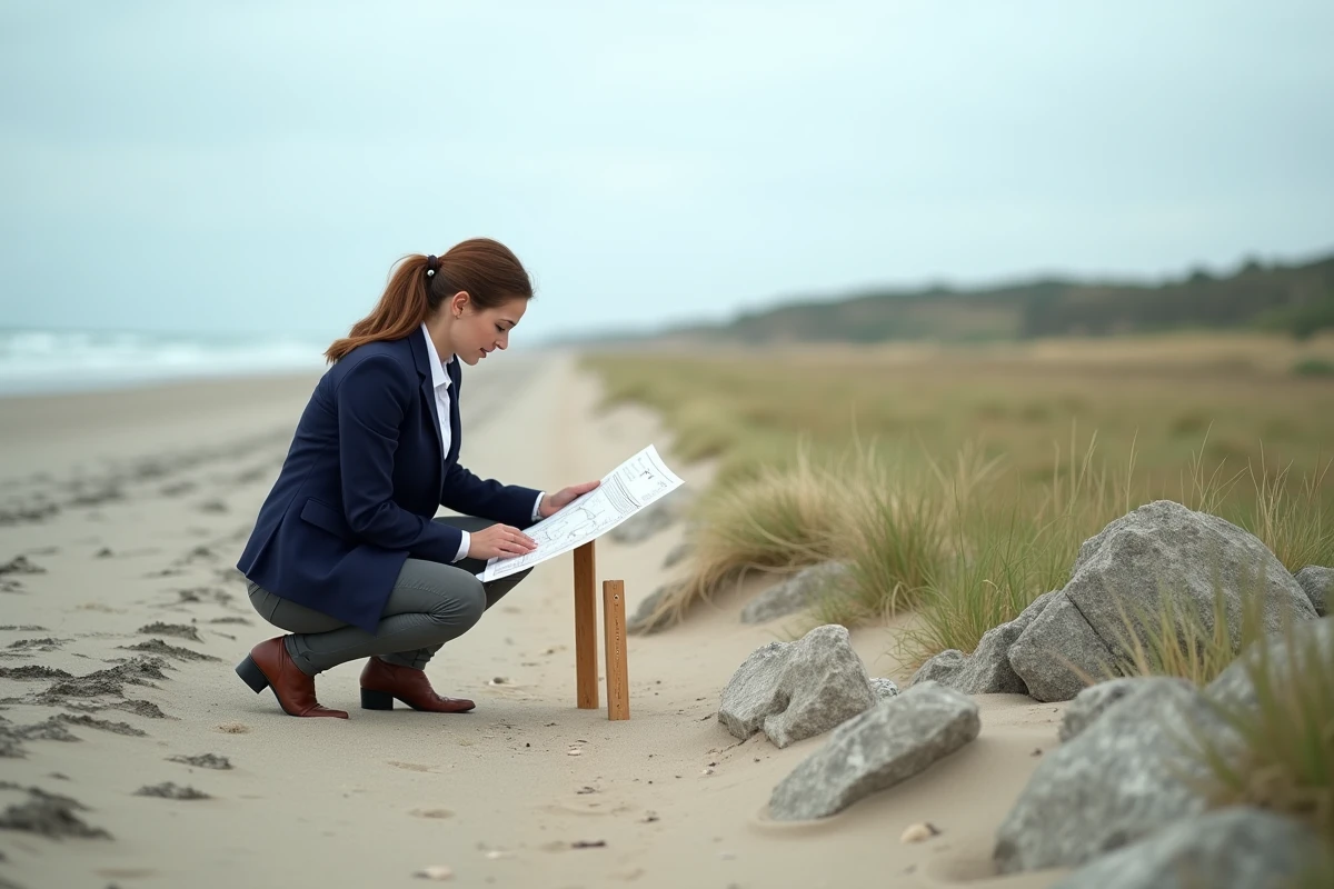 Agent immobilier analysant les bornes cadastrales d'un terrain littoral à vendre en Bretagne