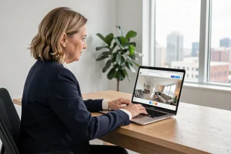 Agent immobilière intégrant une visite virtuelle 360° dans sa stratégie digitale sur ordinateur portable