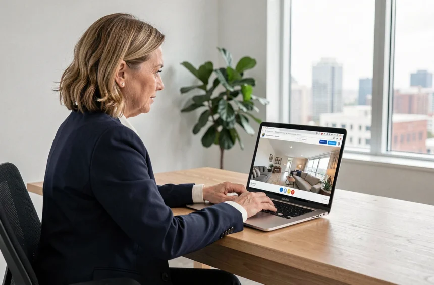 Agent immobilière intégrant une visite virtuelle 360° dans sa stratégie digitale sur ordinateur portable