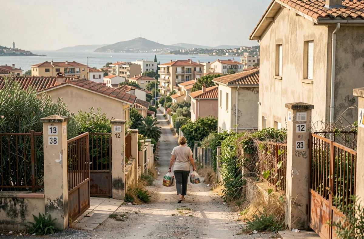 Allée résidentielle en colline dans le 9ème arrondissement de Marseille avec maisons modestes et végétation envahissante