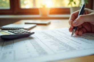 Personne tenant un document de remboursement de prêt avec calculatrice