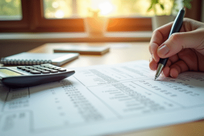 Personne tenant un document de remboursement de prêt avec calculatrice