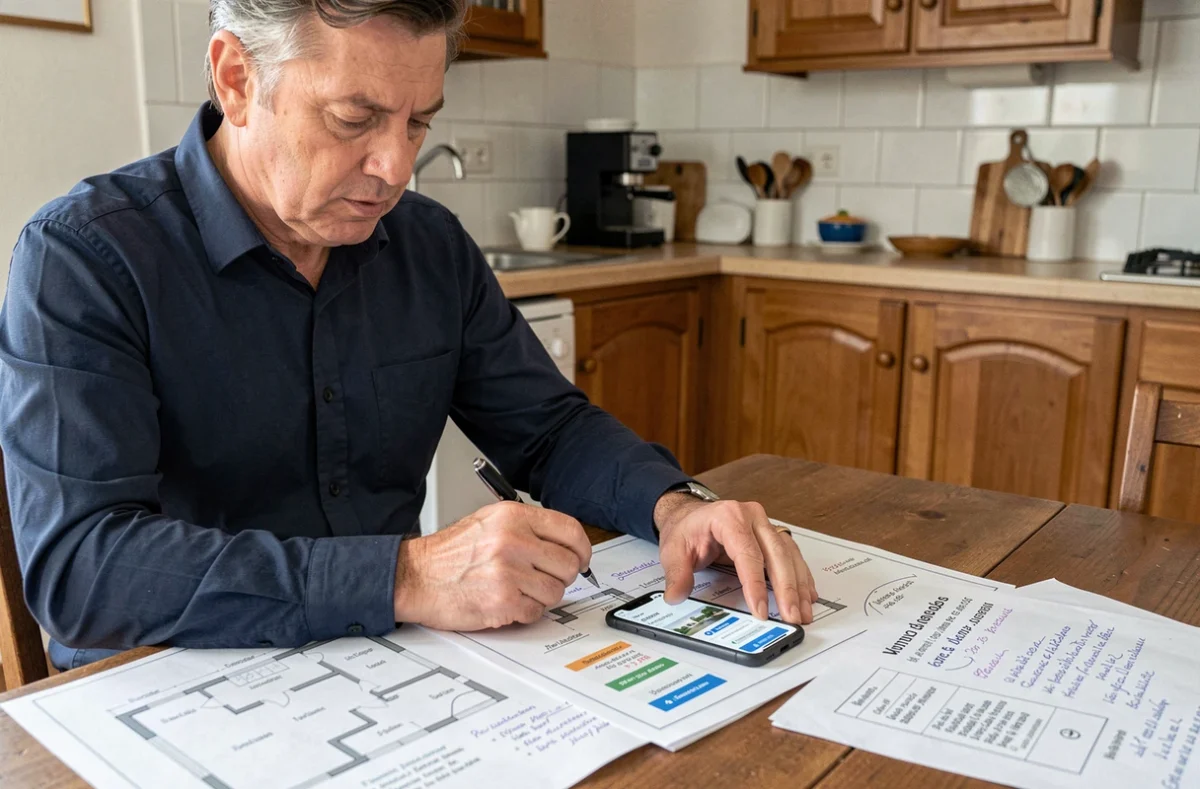 Homme analysant des données de prix immobilier sur son smartphone avec des plans de maison étalés sur une table de cuisine