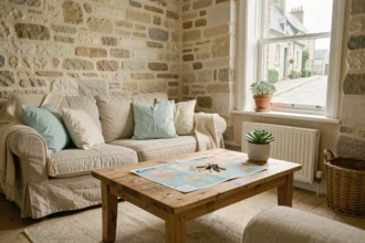 Salon d'un appartement en location courte durée à Concarneau avec murs en pierre blanche, canapé en lin et clés posées sur une table en bois