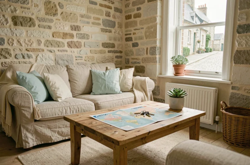 Salon d'un appartement en location courte durée à Concarneau avec murs en pierre blanche, canapé en lin et clés posées sur une table en bois