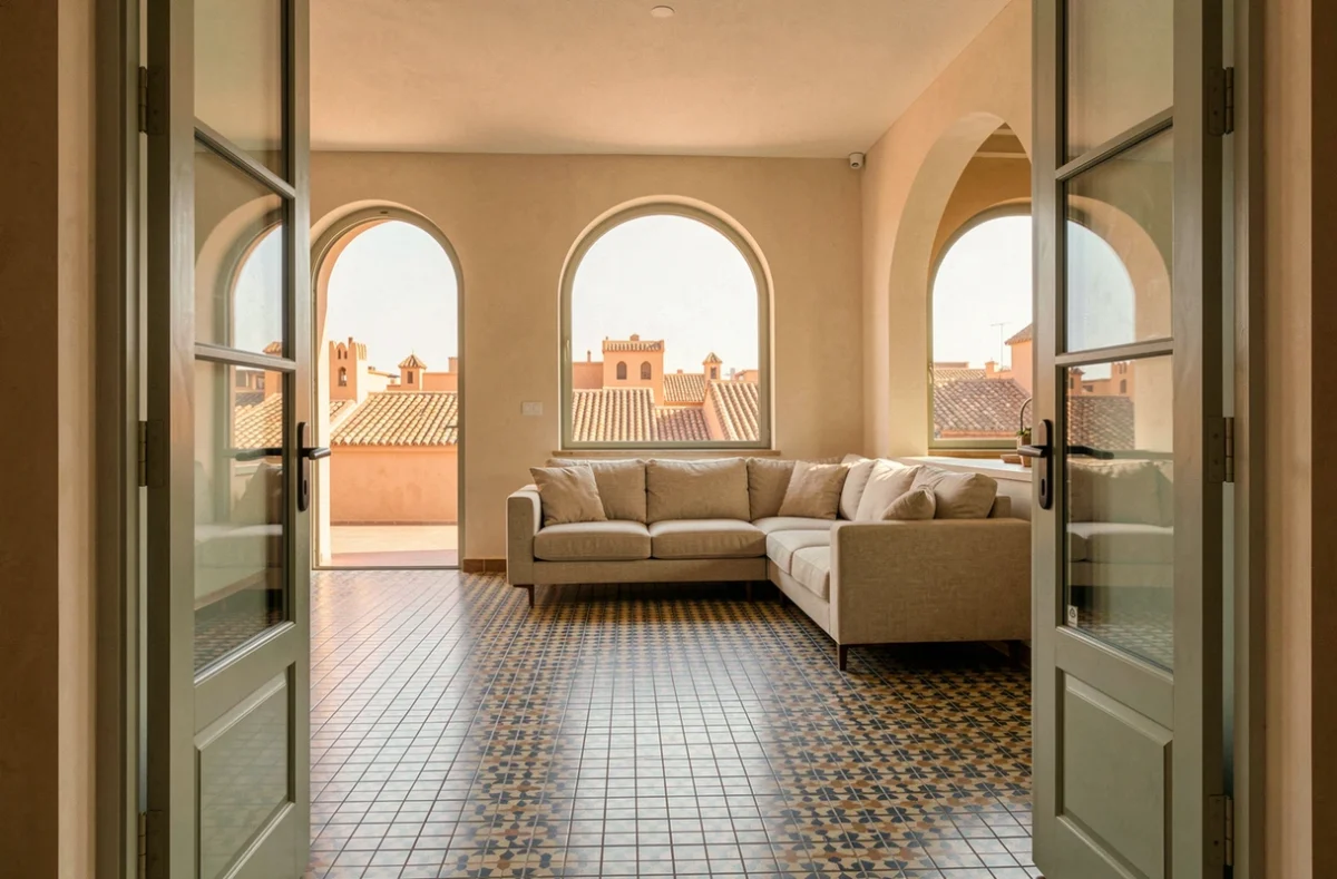 Intérieur d'un appartement à vendre à Marrakech avec carrelage zellige et vue sur les toits de la médina