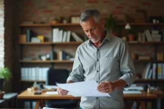 Architecte examinant un certificat d'urbanisme opérationnel sur un bureau couvert de plans de rénovation