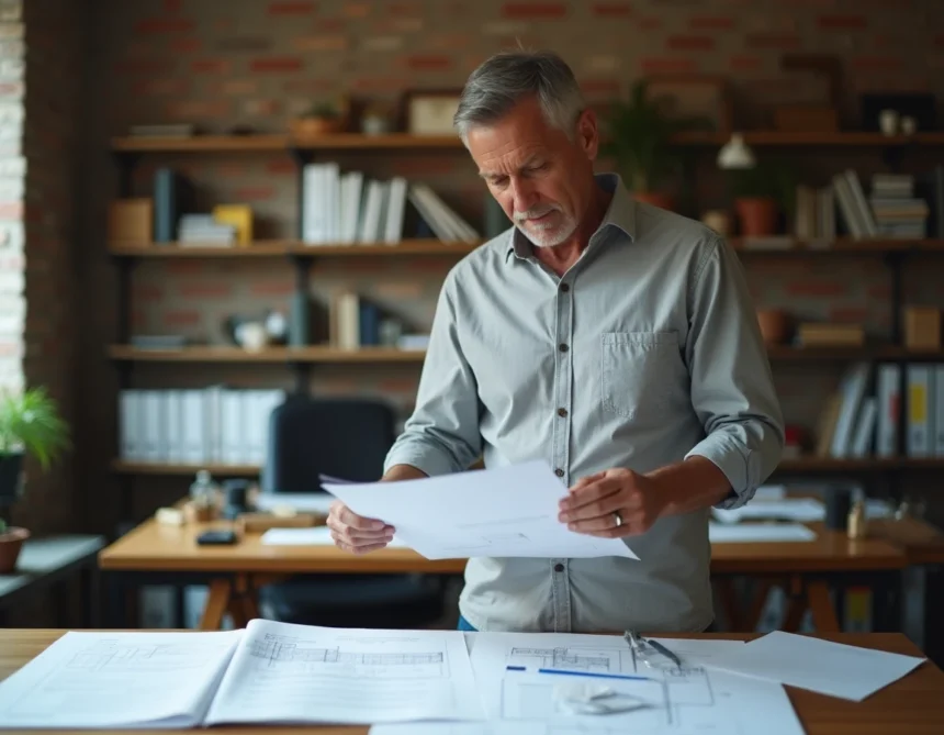 Architecte examinant un certificat d'urbanisme opérationnel sur un bureau couvert de plans de rénovation
