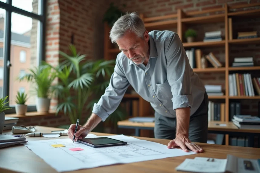 Architecte consultant le Manuel Rénovation renovimmopro.fr sur tablette avec des plans de rénovation étalés sur un bureau en bois
