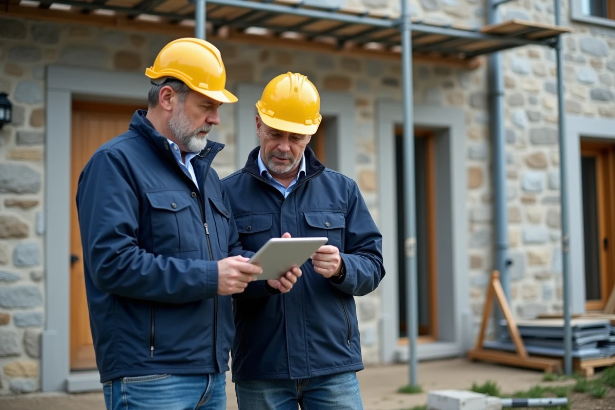Deux artisans du bâtiment consultant un guide de rénovation énergétique sur tablette devant une maison en pierre avec isolation extérieure