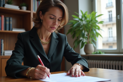 Femme d'affaires française examinant un contrat dans un bureau parisien