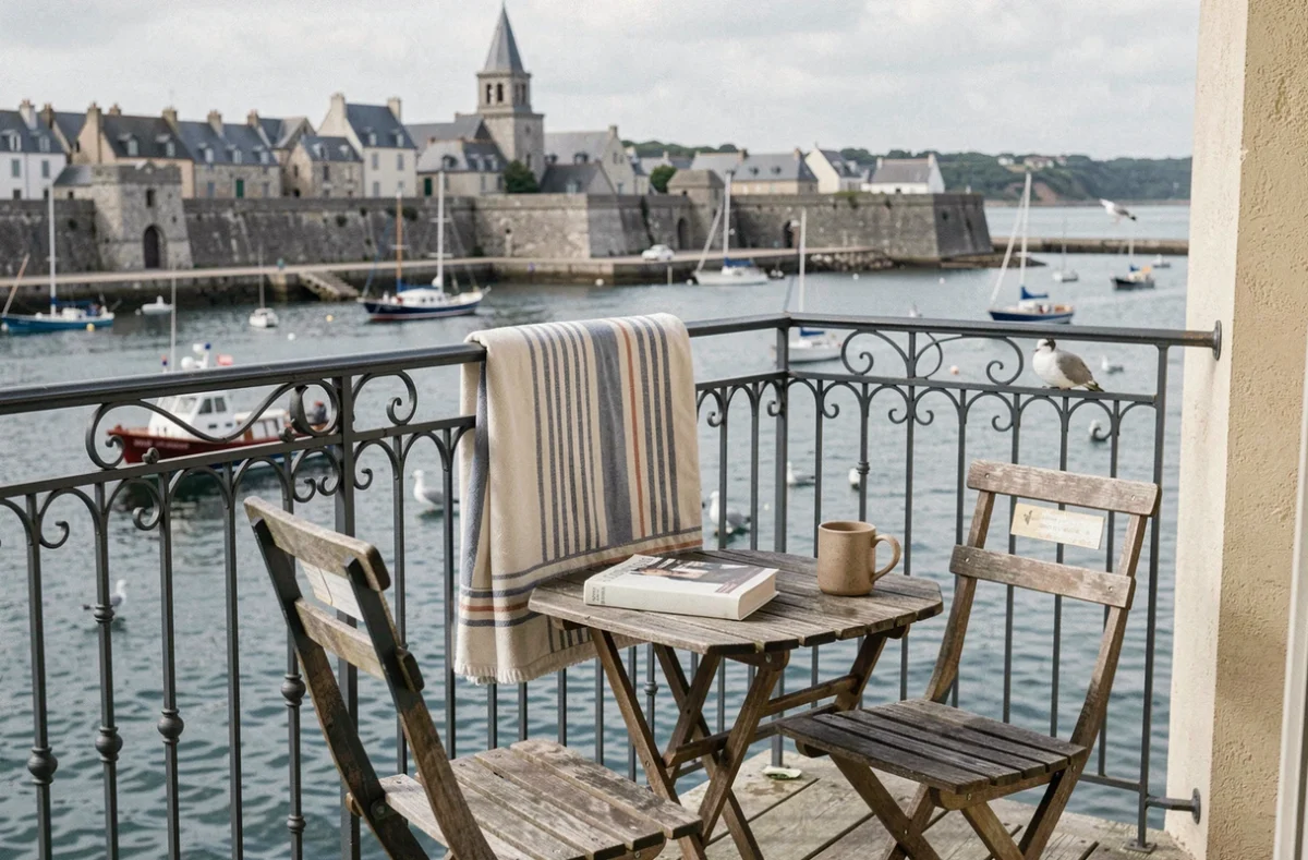 Balcon d'un appartement en location à Concarneau avec vue sur le port et la ville close, ambiance vacances en Bretagne