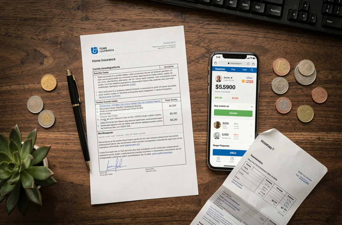 Vue de dessus d'un bureau avec des documents d'assurance habitation, des pièces en euros, un smartphone affichant un comparateur de prix et un stylo