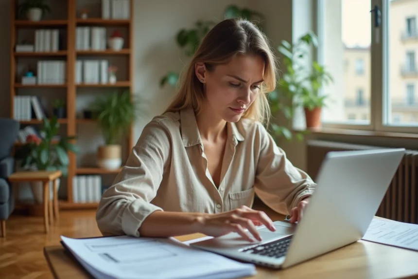 Femme consultant des documents d'encadrement de loyer sur un bureau en bois dans un appartement parisien moderne