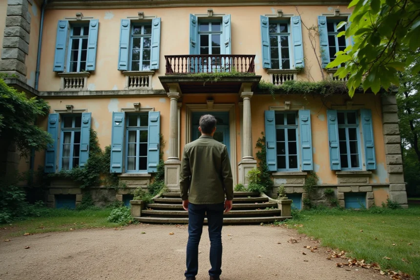 Homme tenant une pièce d'un euro symbolique devant un château abandonné aux murs de pierre recouverts de lierre