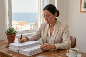 Femme examinant des documents de vente d'appartement avec vue mer en arrière-plan
