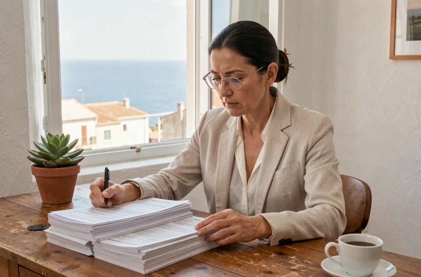 Femme examinant des documents de vente d'appartement avec vue mer en arrière-plan