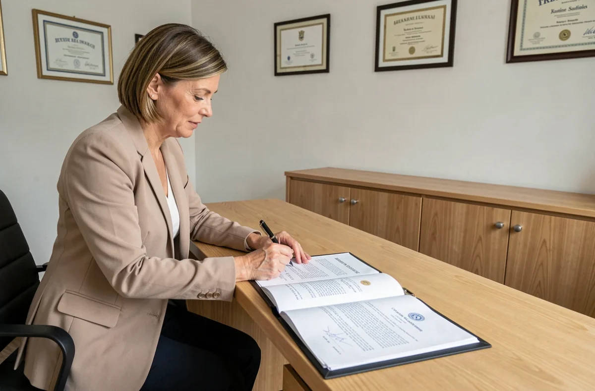 Cliente signant un document notarié pour une succession héritière dans un cabinet de notaire moderne