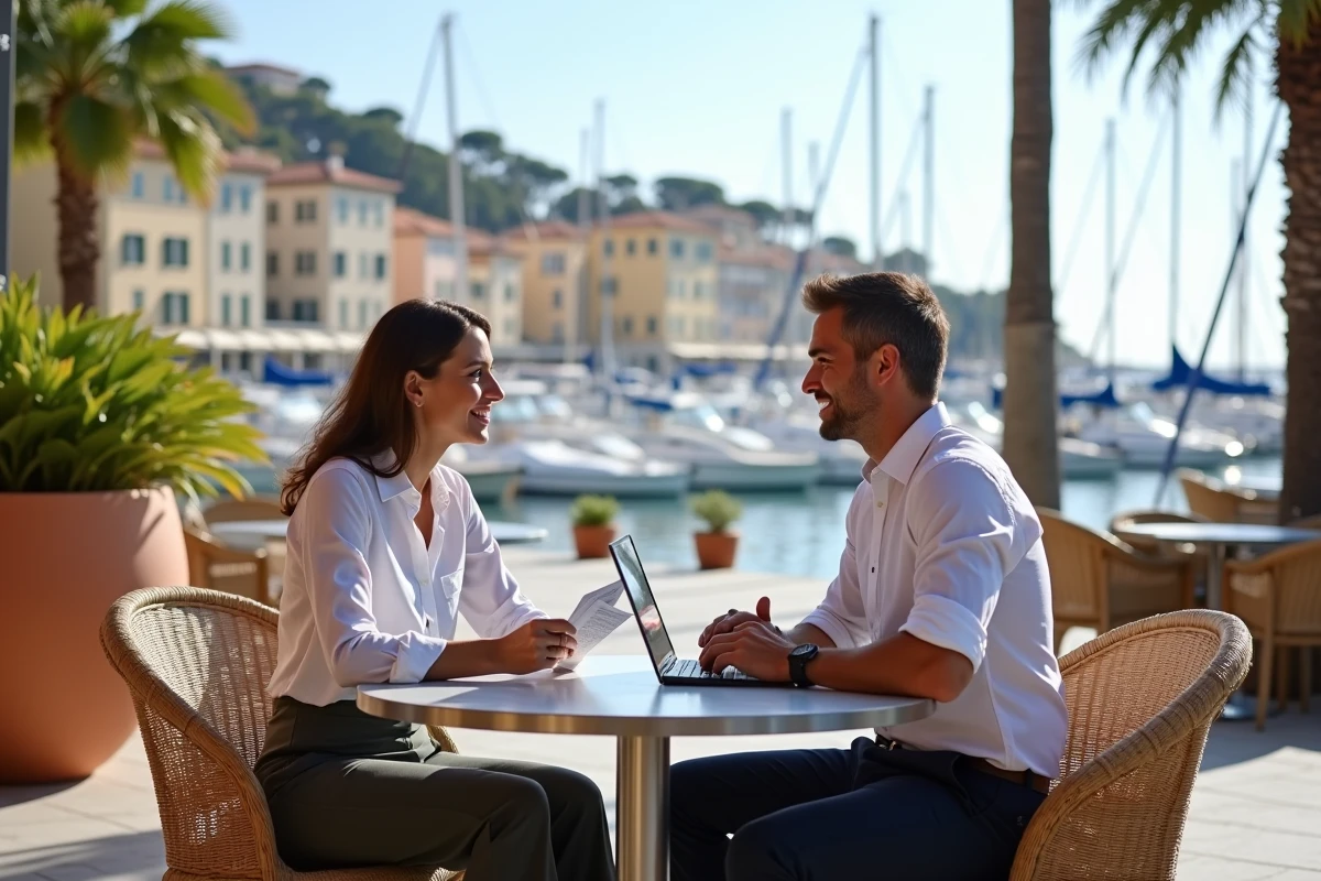 Deux conseillers immobiliers comparant des offres d'investissement entre Marseille et le Var dans un café en bord de mer