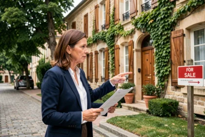 Femme tenant un document devant une maison en pierre à vendre dans une rue résidentielle française, cherchant à connaître le propriétaire du bien