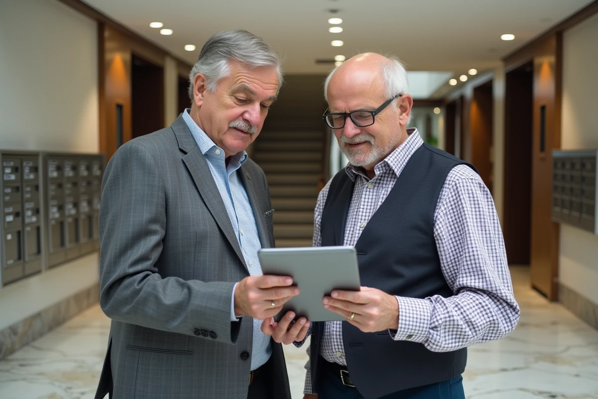 Membres du conseil syndical consultant un registre numérique dans le hall d'un immeuble en copropriété