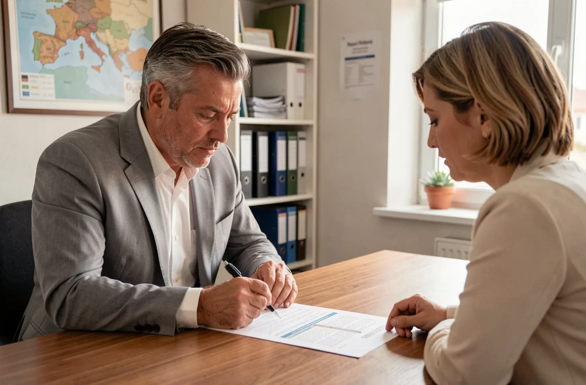 Conseiller en assurance expliquant une offre habitation à une cliente dans une agence à Nîmes