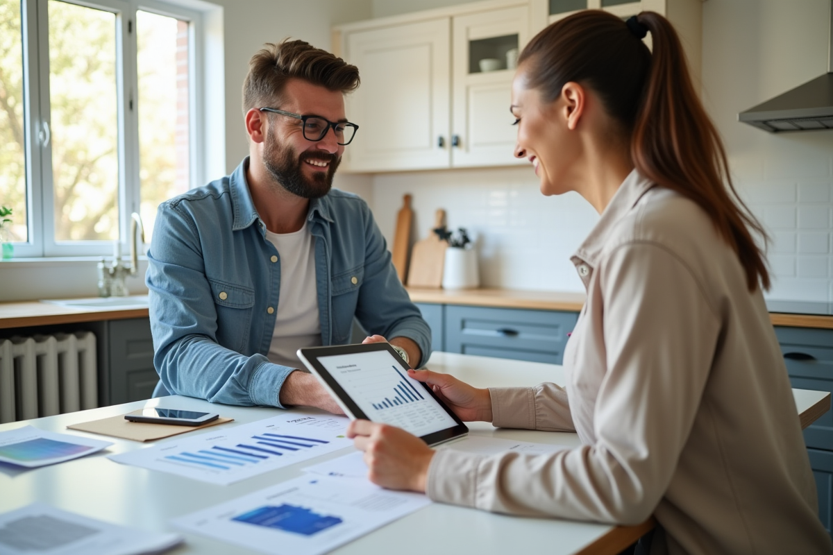 Conseiller montrant des graphiques à un propriétaire dans une cuisine en rénovation