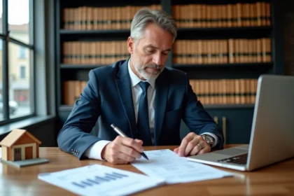 Conseiller en gestion de patrimoine analysant les documents d'indemnité de remboursement anticipé d'un prêt immobilier dans un bureau moderne