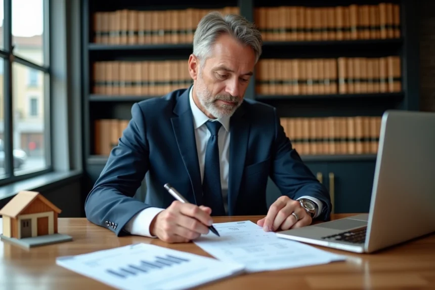 Conseiller en gestion de patrimoine analysant les documents d'indemnité de remboursement anticipé d'un prêt immobilier dans un bureau moderne