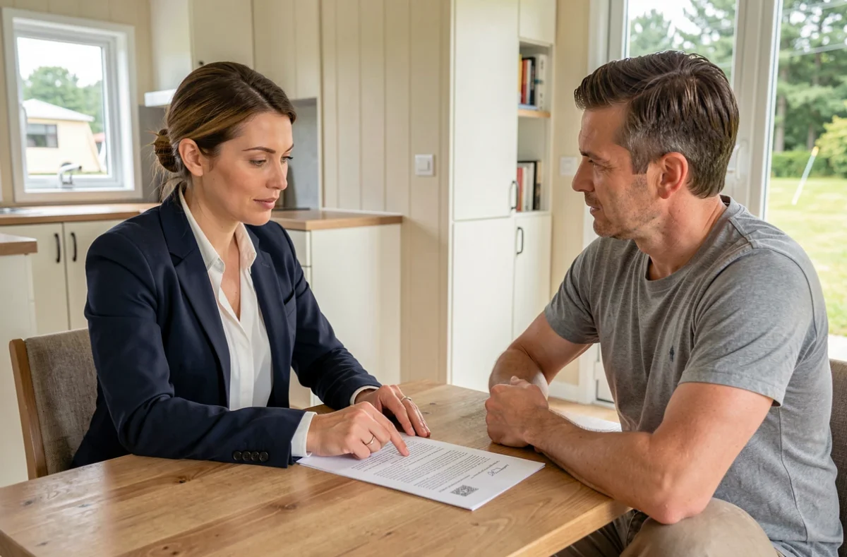 Conseillère immobilière expliquant un contrat de location saisonnière à l'intérieur d'un mobil-home moderne conforme à la réglementation ALUR