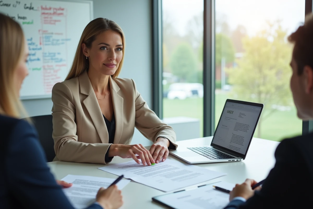 Conseillère juridique immobilière expliquant les clauses d'un contrat de parcelle PRL à ses clients en salle de réunion