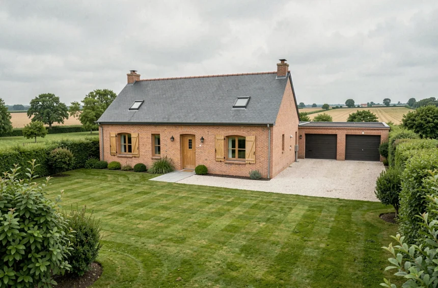 Maison individuelle moderne dans l'Aisne avec jardin verdoyant et façade en brique traditionnelle