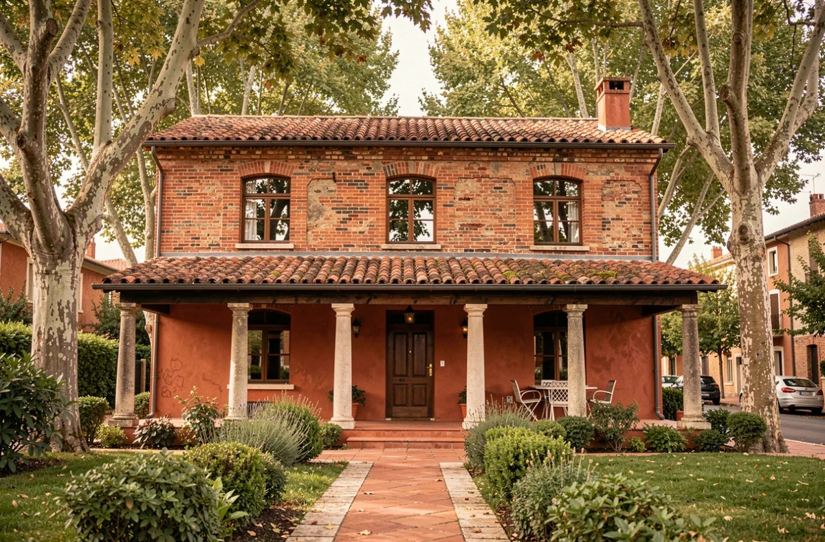 Maison traditionnelle du Sud-Ouest avec briques apparentes et terrasse couverte, représentant Constructions du Midi à Toulouse