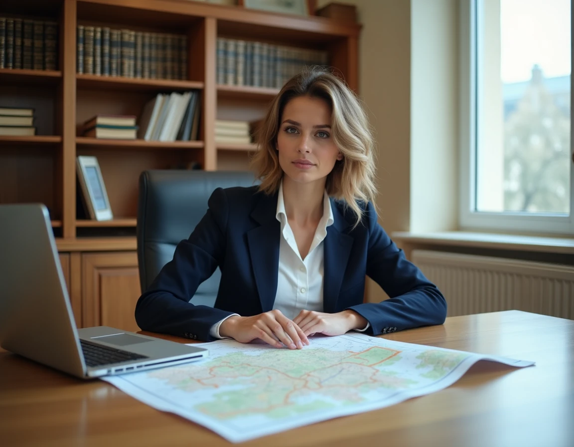 Femme consultant un plan cadastral dans un bureau de notaire pour identifier le propriétaire d'une parcelle