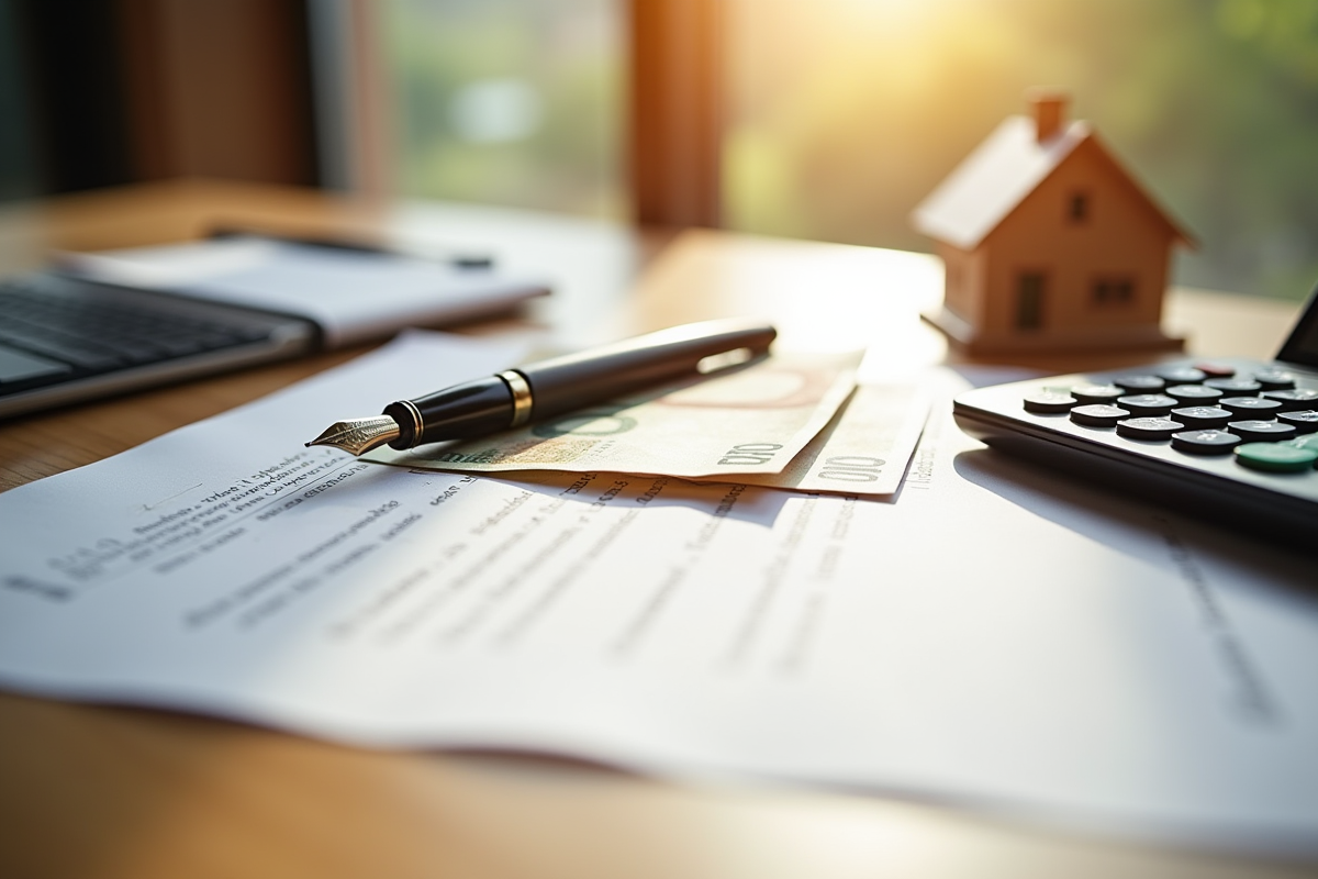 Contrat ouvert avec billets et calculatrice sur bureau ensoleille