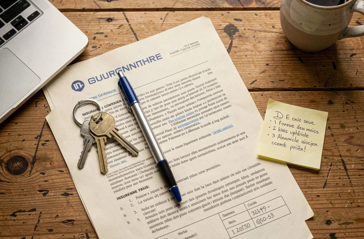 Contrat d'assurance habitation non occupant posé sur un bureau avec des clés d'appartement et un stylo