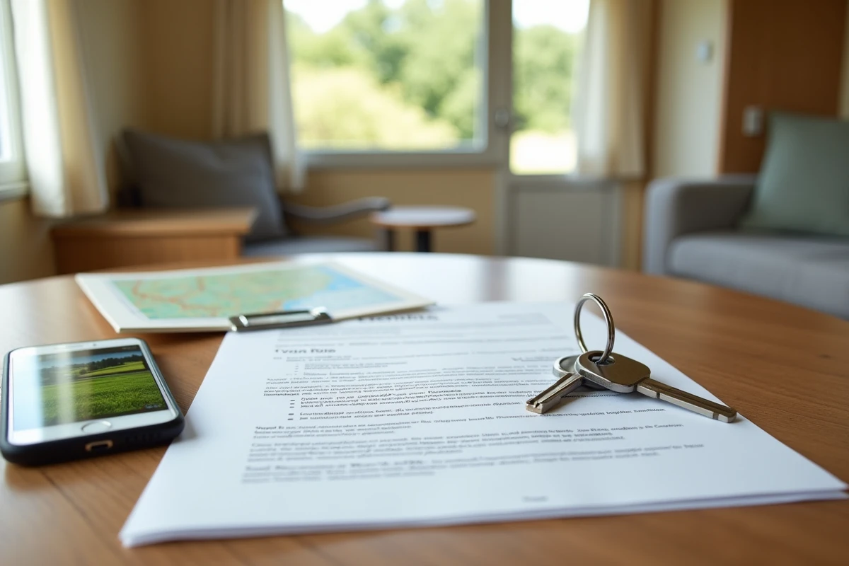 Contrat de vente d'une parcelle de terrain avec clés et carte de la Vendée posés sur une table en bois dans un mobil-home