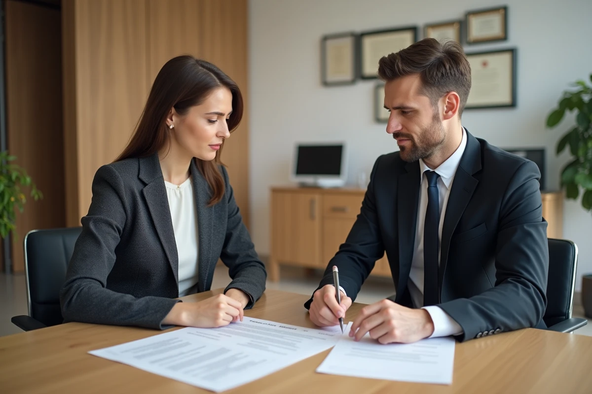 Copropriétaires en réunion avec un notaire pour examiner un contrat de copropriété lié aux obligations de l'article 606 du code civil