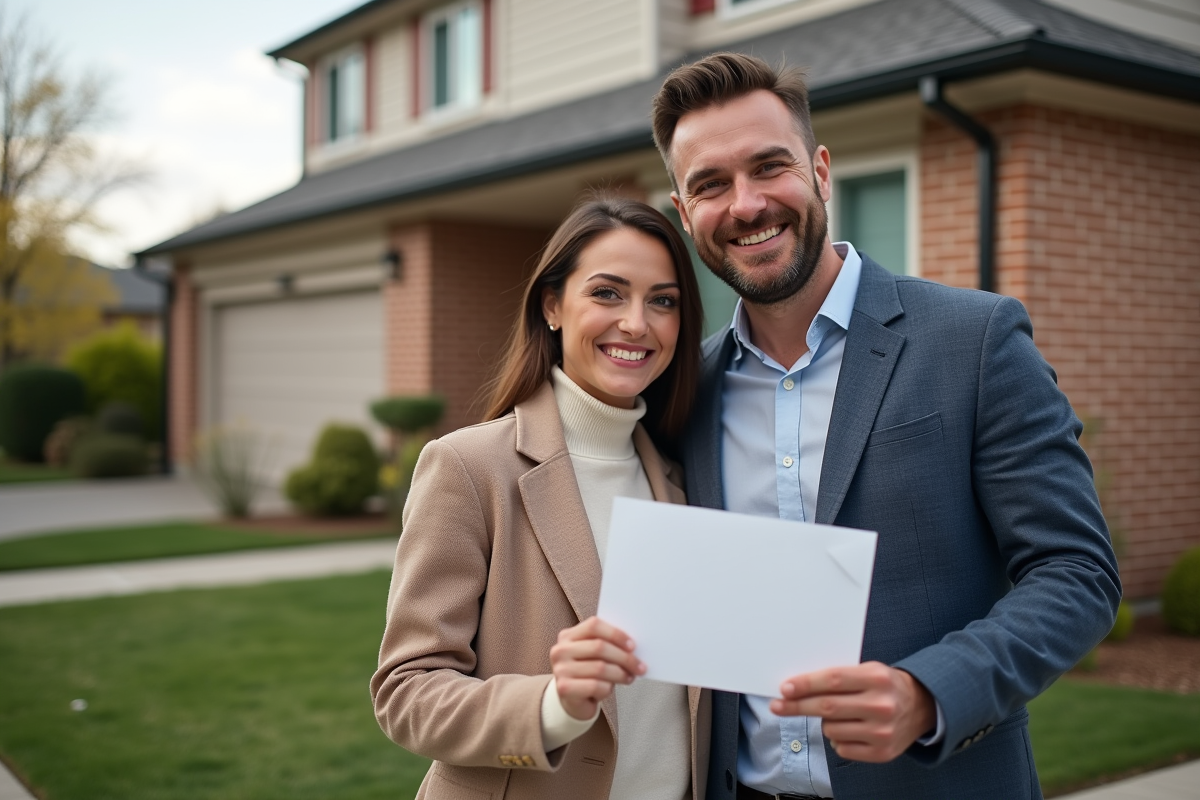 Couple souriant devant leur nouvelle maison dans un quartier résidentiel