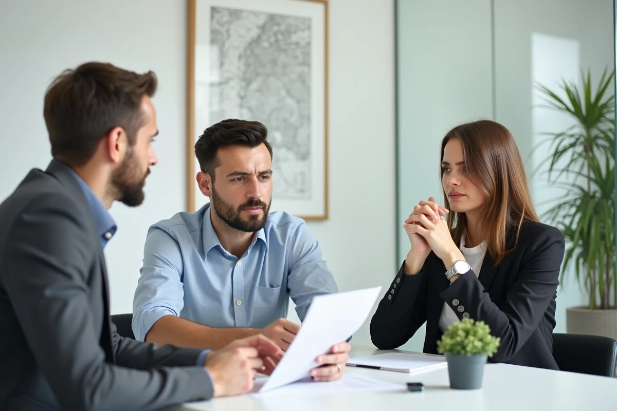 Couple sans fiche de paie en rendez-vous avec un agent immobilier pour discuter des solutions de location alternatives